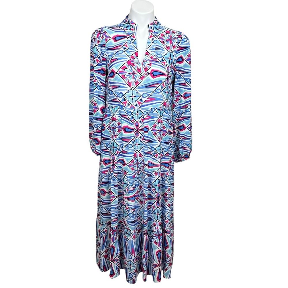 Sail to Sable Long Sleeve Geometric Floral Maxi Dress in Blue, Pink, White SMALL